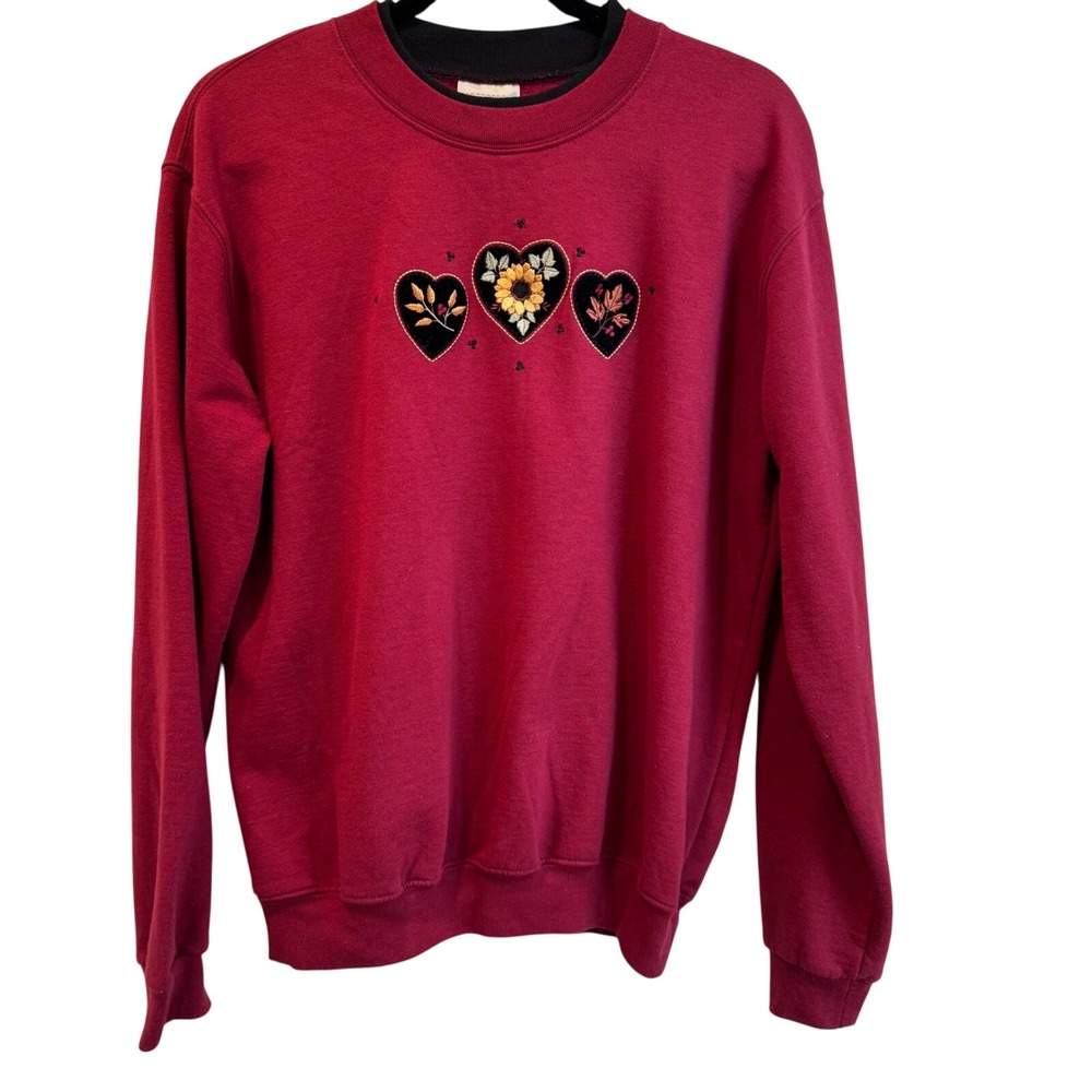Top Stitch by Morning Sun Women's Red Crewneck Sweatshirt Embroidered Large